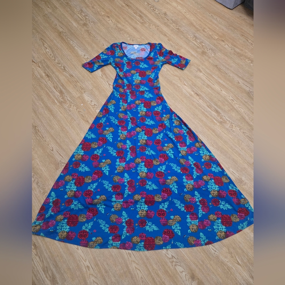 LuLaRoe Blue Floral Maxi Dress with Red and Yellow Flowers